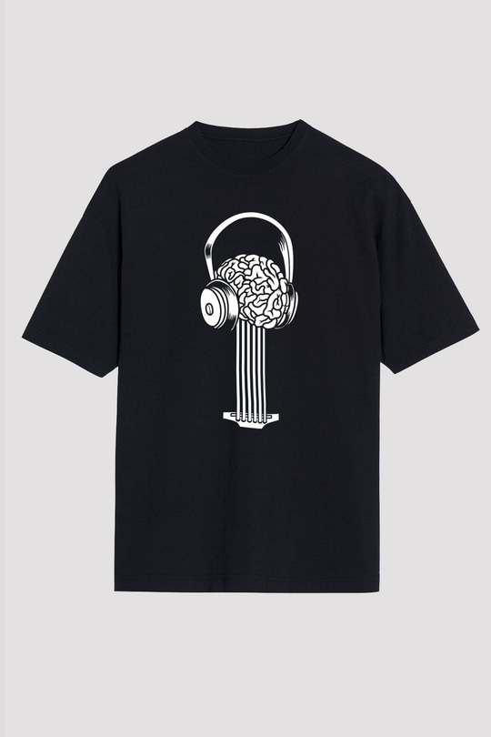 Elektro Gitar Baskılı Unisex Siyah Oversize Tişört - Tshirt