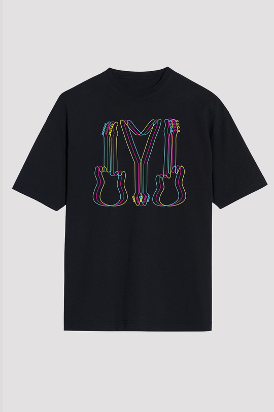 Elektro Gitar Baskılı Unisex Siyah Oversize Tişört - Tshirt