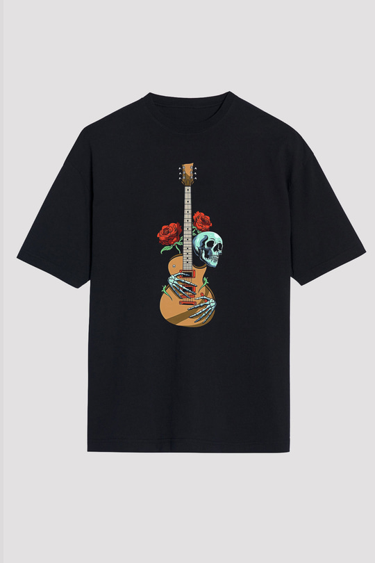 Elektro Gitar Baskılı Unisex Siyah Oversize Tişört - Tshirt