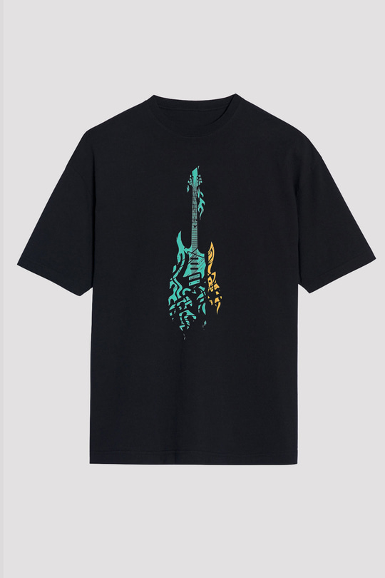 Elektro Gitar Baskılı Unisex Siyah Oversize Tişört - Tshirt