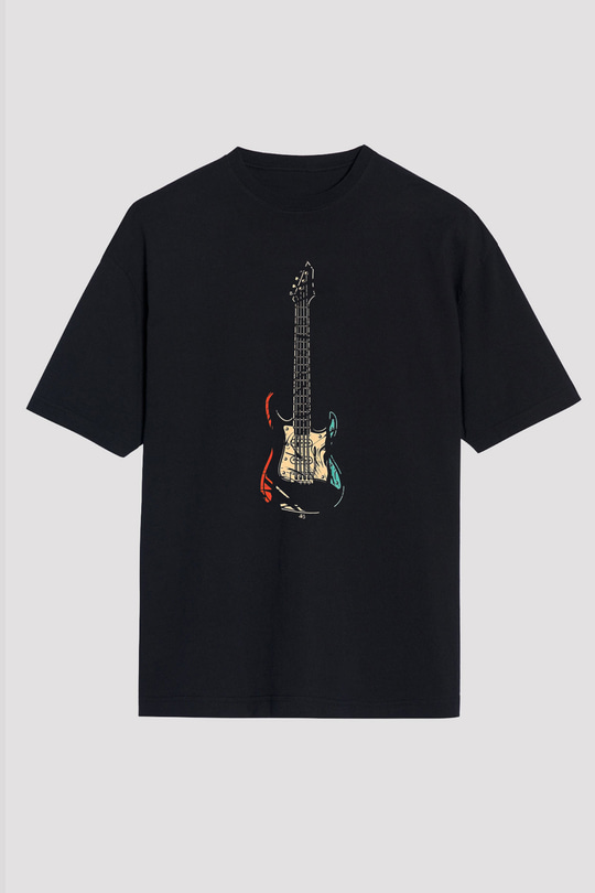 Elektro Gitar Baskılı Unisex Siyah Oversize Tişört - Tshirt