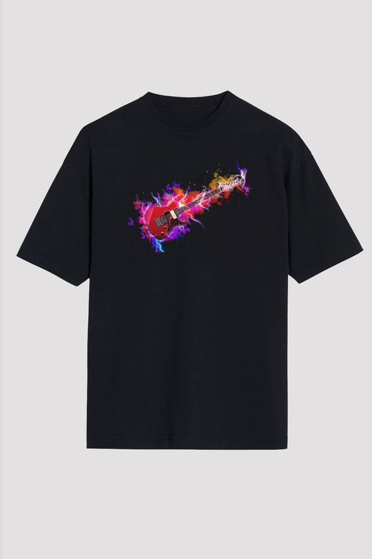 Elektro Gitar Baskılı Unisex Siyah Oversize Tişört - Tshirt