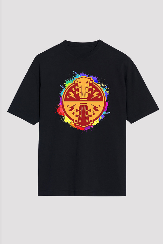 Elektro Gitar Baskılı Unisex Siyah Oversize Tişört - Tshirt