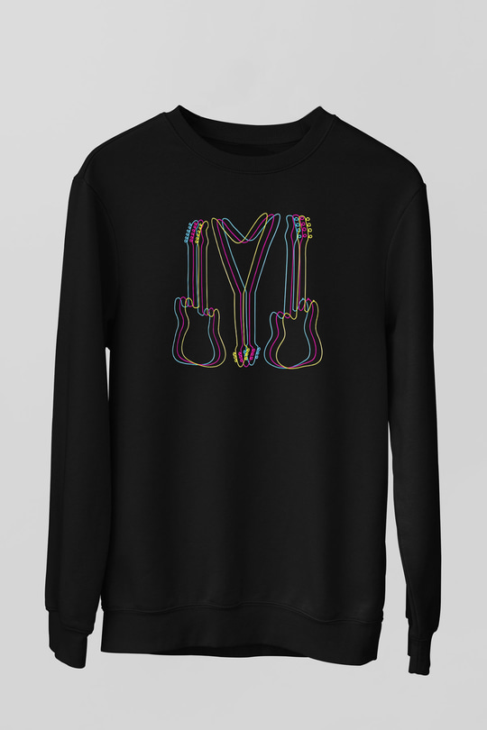 Elektro Gitar Baskılı Unisex Siyah Sweatshirt