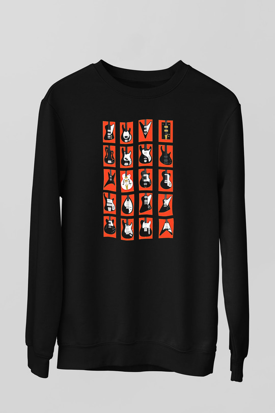Elektro Gitar Baskılı Unisex Siyah Sweatshirt