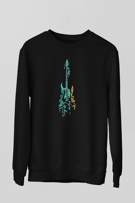 Elektro Gitar Baskılı Unisex Siyah Sweatshirt