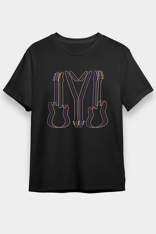 Elektro Gitar Baskılı Unisex Siyah Tişört - Tshirt