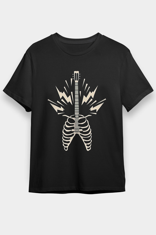 Elektro Gitar Baskılı Unisex Siyah Tişört - Tshirt