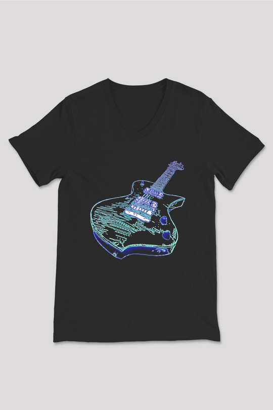 Elektro Gitar Baskılı Unisex Siyah V Yaka Tişört - Tshirt