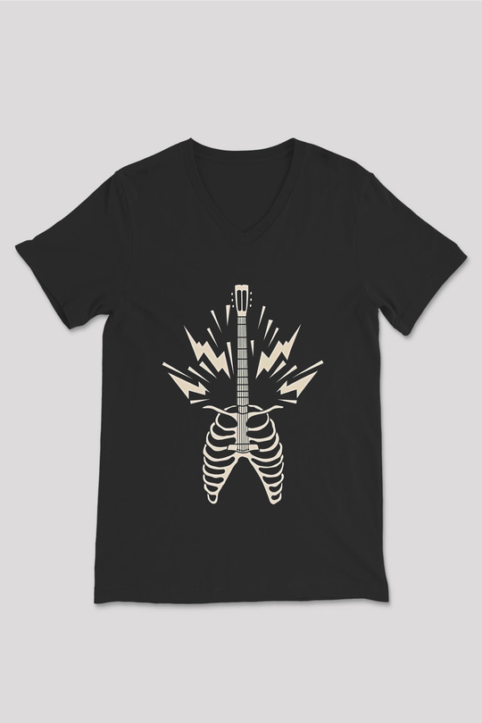 Elektro Gitar Baskılı Unisex Siyah V Yaka Tişört - Tshirt