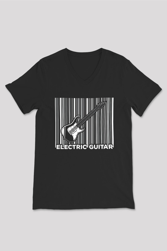 Elektro Gitar Baskılı Unisex Siyah V Yaka Tişört - Tshirt