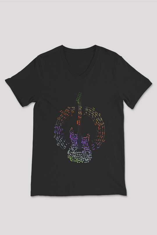 Elektro Gitar Baskılı Unisex Siyah V Yaka Tişört - Tshirt