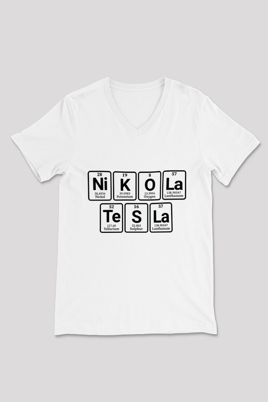 Elementlerden Oluşan Nikola Tesla Baskılı Unisex Beyaz V Yaka Tişört