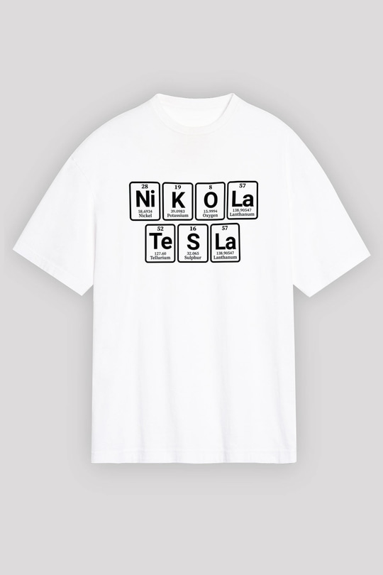 Elementlerden Oluşan Nikola Tesla Baskılı Unisex Beyaz Oversize Tişört