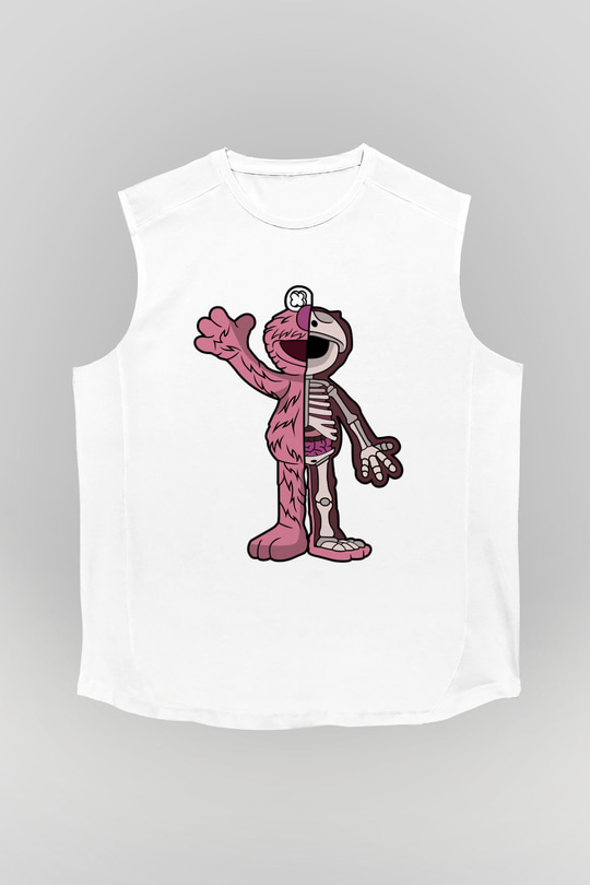 Elmo Half Skeleton Baskılı Unisex Beyaz Kolsuz Tişört