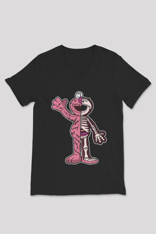 Elmo Half Skeleton Baskılı Unisex Siyah V Yaka Tişört