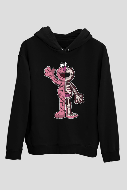 Elmo Half Skeleton Baskılı Unisex Siyah Hoodie