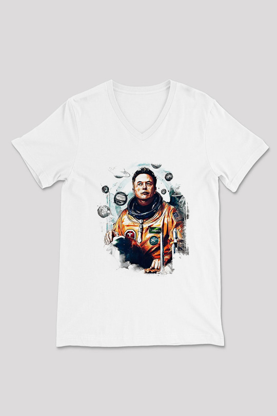 Elon Musk Baskılı Beyaz Unisex V Yaka Tişört - Tshirt