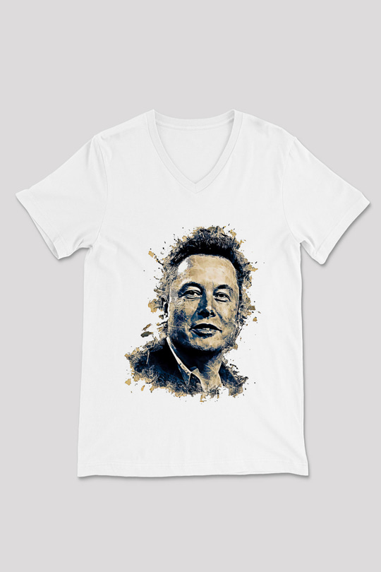 Elon Musk Baskılı Beyaz Unisex V Yaka Tişört - Tshirt