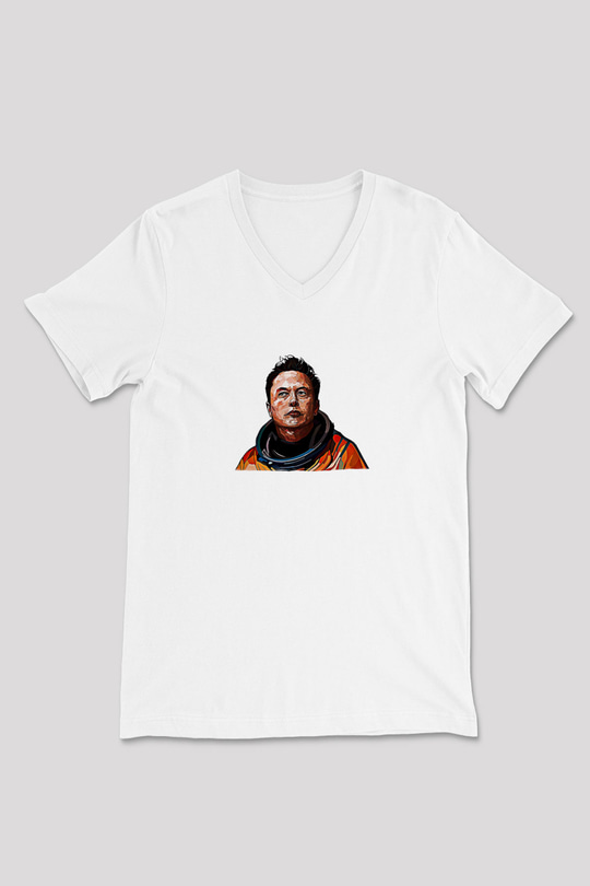 Elon Musk Baskılı Beyaz Unisex V Yaka Tişört - Tshirt
