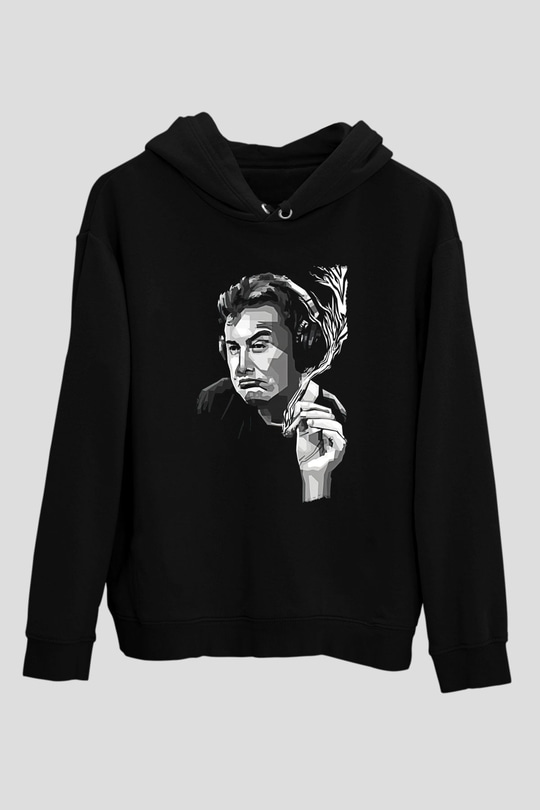 Elon Musk Baskılı Unisex Siyah Kapüşonlu Sweatshirt
