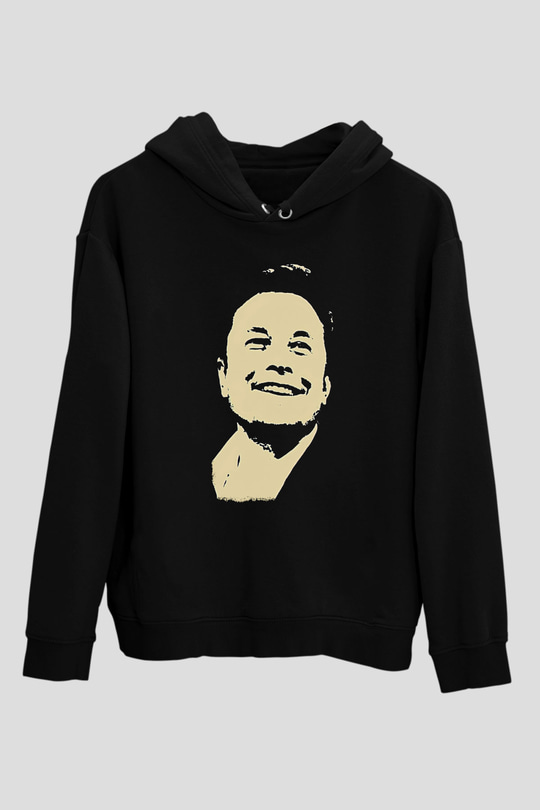 Elon Musk Baskılı Unisex Siyah Kapüşonlu Sweatshirt