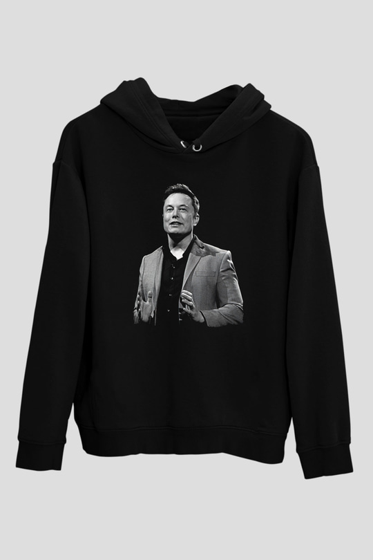 Elon Musk Baskılı Unisex Siyah Kapüşonlu Sweatshirt