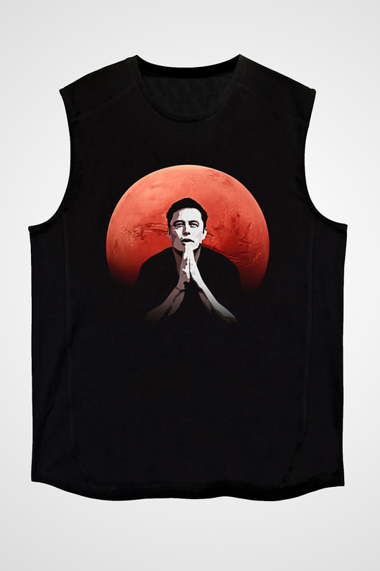 Elon Musk Baskılı Unisex Siyah Kolsuz Tişört - Tshirt