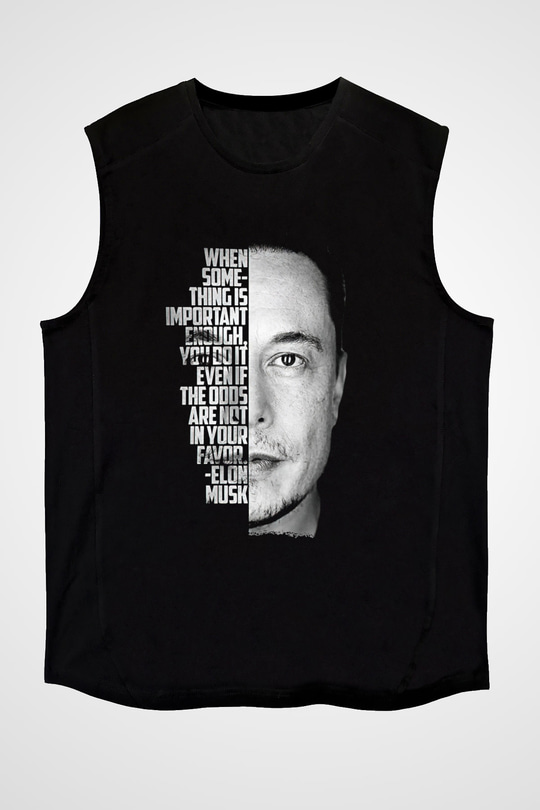 Elon Musk Baskılı Unisex Siyah Kolsuz Tişört - Tshirt