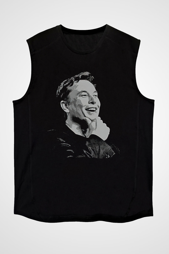 Elon Musk Baskılı Unisex Siyah Kolsuz Tişört - Tshirt