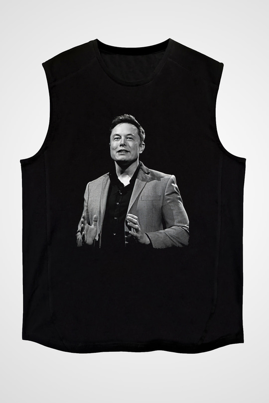 Elon Musk Baskılı Unisex Siyah Kolsuz Tişört - Tshirt