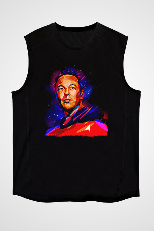 Elon Musk Baskılı Unisex Siyah Kolsuz Tişört - Tshirt