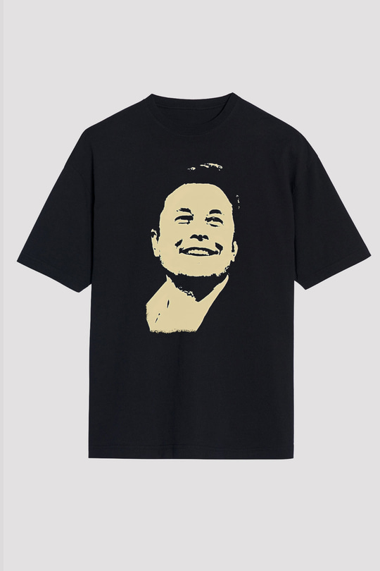 Elon Musk Baskılı Unisex Siyah Oversize Tişört - Tshirt