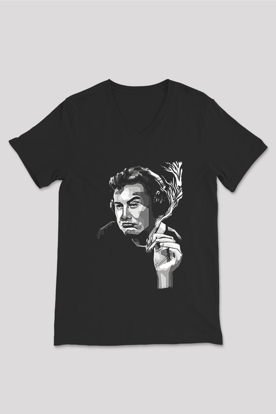 Elon Musk Baskılı Unisex Siyah V Yaka Tişört - Tshirt