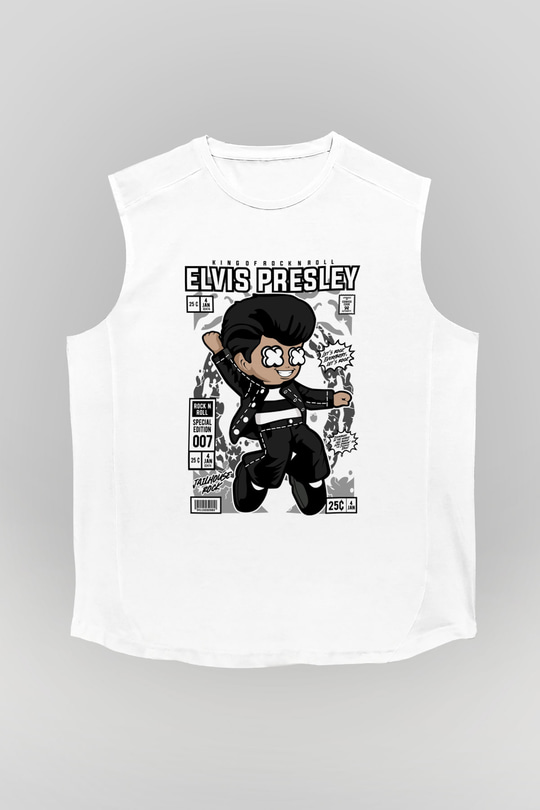 Elvis Presley Baskılı Unisex Beyaz Kolsuz Tişört