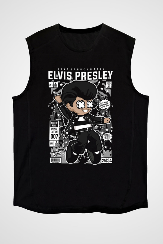 Elvis Presley Baskılı Unisex Siyah Kolsuz Tişört