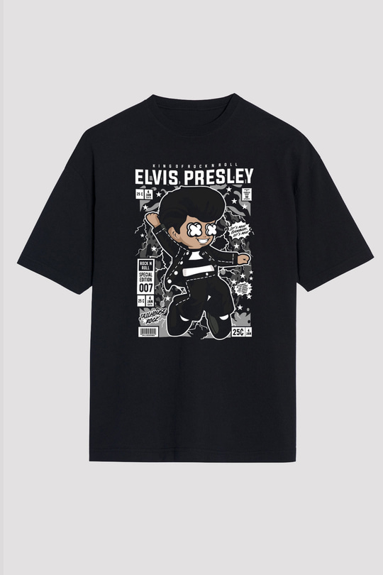 Elvis Presley Baskılı Unisex Siyah Oversize Tişört