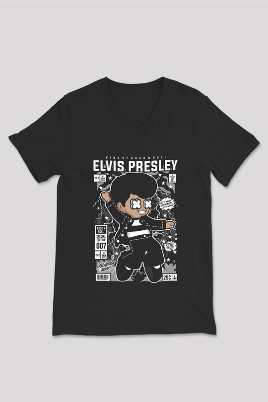 Elvis Presley Baskılı Unisex Siyah V Yaka Tişört