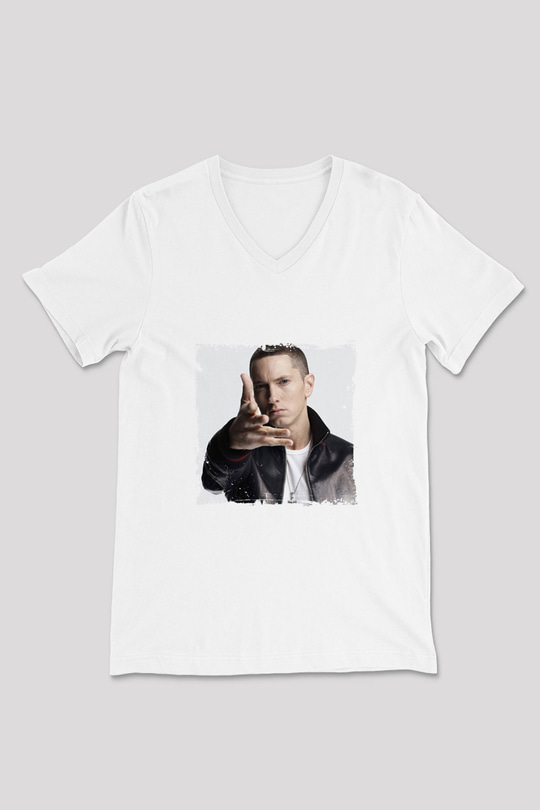 Eminem Baskılı Beyaz V Yaka Unisex Tişört