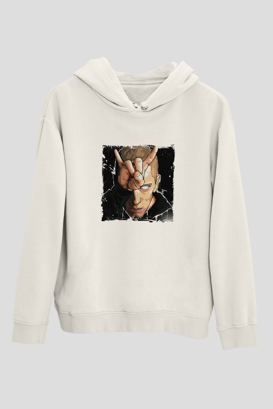 Eminem Baskılı Unisex Beyaz Kapüşonlu Sweatshirt