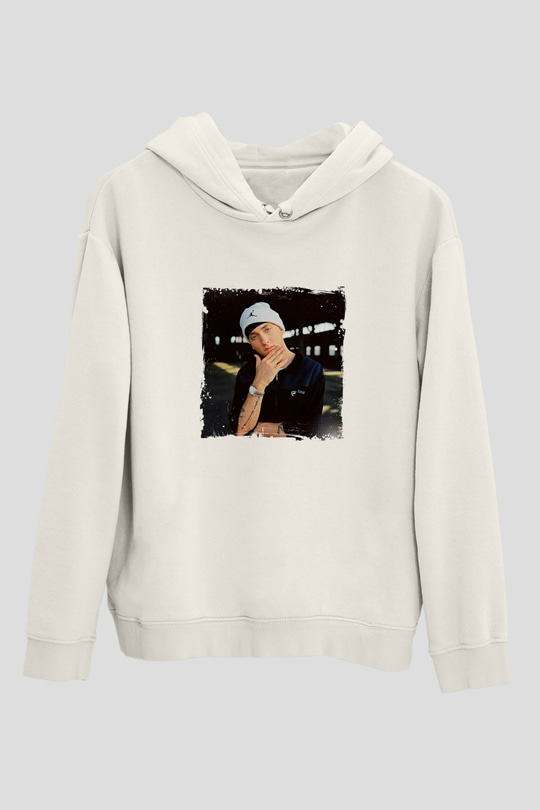Eminem Baskılı Unisex Beyaz Kapüşonlu Sweatshirt