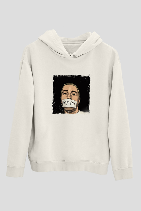 Eminem Baskılı Unisex Beyaz Kapüşonlu Sweatshirt