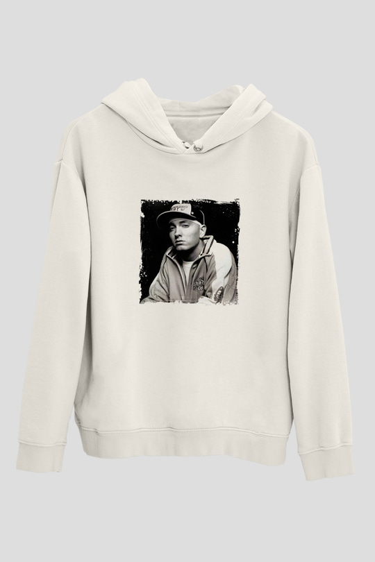 Eminem Baskılı Unisex Beyaz Kapüşonlu Sweatshirt