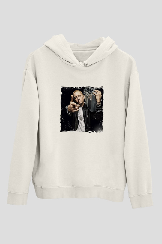 Eminem Baskılı Unisex Beyaz Kapüşonlu Sweatshirt