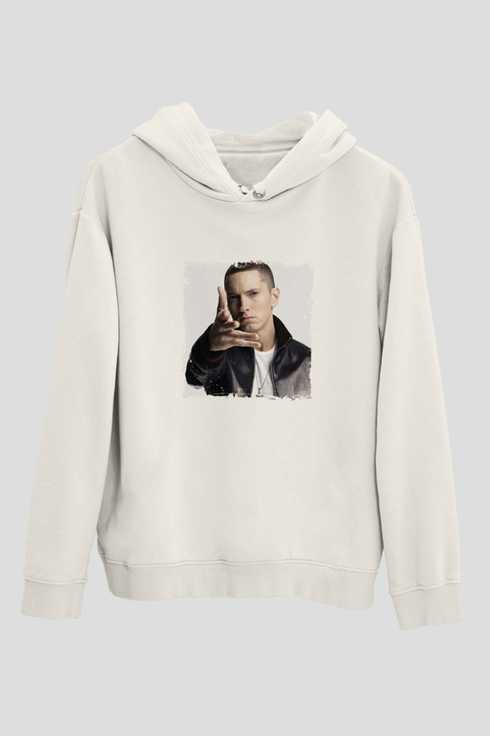 Eminem Baskılı Unisex Beyaz Kapüşonlu Sweatshirt