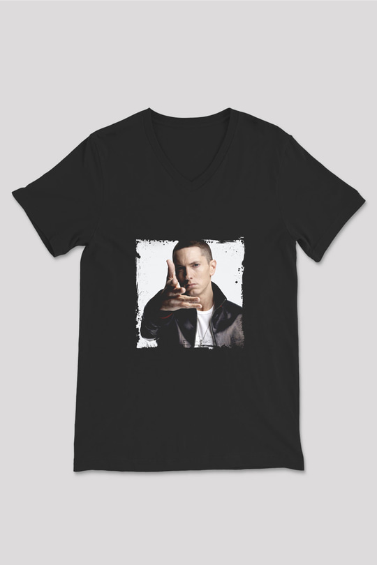 Eminem Baskılı Unisex Siyah V Yaka Tişört