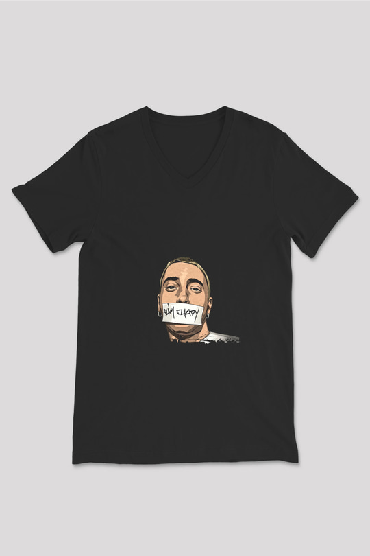 Eminem Baskılı Unisex Siyah V Yaka Tişört