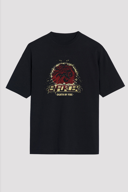 Enforcer Baskılı Unisex Siyah Oversize Tişört - Tshirt