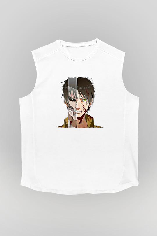 Eren Jaeger Baskılı Beyaz Unisex Kolsuz Tişört - Tshirt