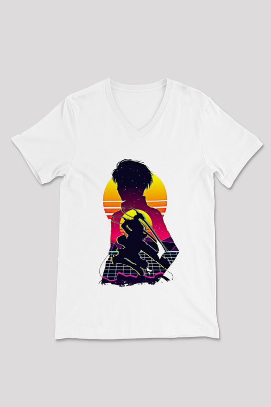 Eren Jaeger Baskılı Beyaz Unisex V Yaka Tişört - Tshirt